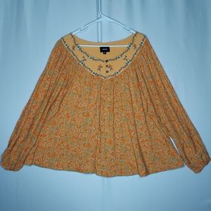 Heyson Embroidered Button Top Large Orange Floral Scoop Long Sleeve Peasant